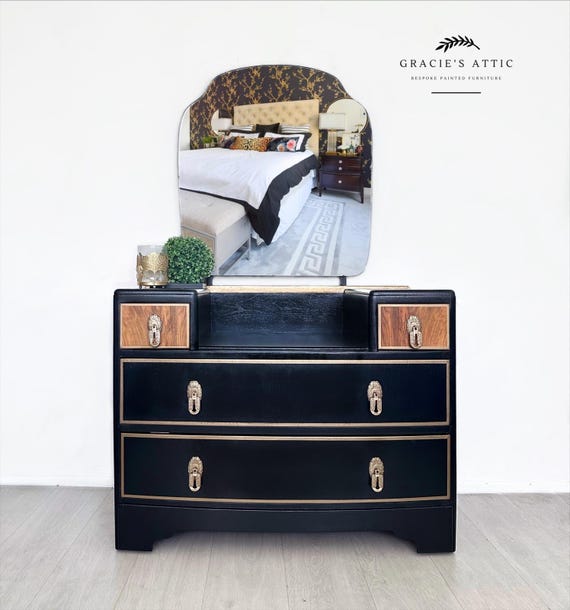 Vintage Dressing Table With Mirror, Black and Gold, - Etsy Vintage Dressing Table With Mirror, Black and Gold, - Etsy