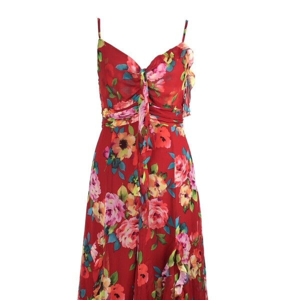 Karen Millen Vtg 90s Y2K Silk Red Floral Floaty Cottagecore Midi Dress Fits UK 8