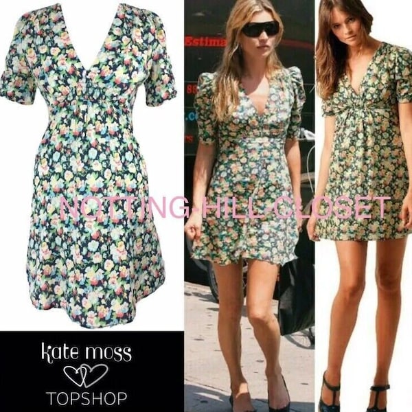 Kate Moss Topshop Pansy Dress 8UK Blue Floral Iconic Tea Dress Vintage Early Y2K