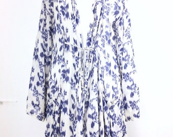 Masai Clothing Co White Blue Watercolour Floral Lagenlook Cardigan Kimono S 8 10