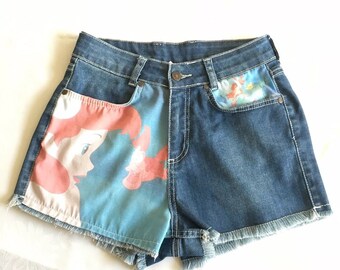 Seltene Disney Die kleine Meerjungfrau Ariel Denim High Waist Shorts Hot Pants 10UK 6US