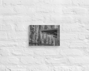 Winter Stillness – Icicles on Wood Roof | Black & White Canvas Wall Art
