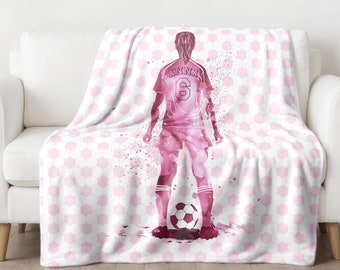 Personalised Female Footballer Silhouette Name Sherpa Fleece Blanket Various Colours