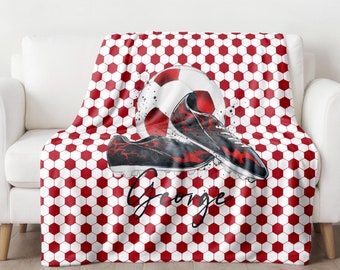 Personalised Red White Football Name Sherpa Fleece Blanket