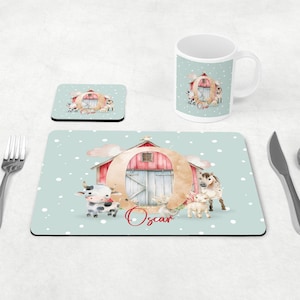 Personalised Pastel Farm Dinner Placemat Coaster Mug