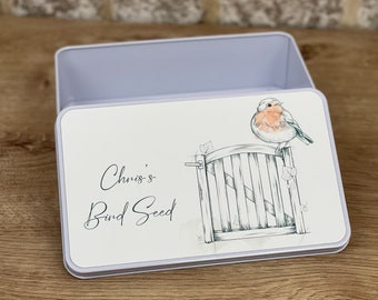 Personalised Robin Sketch Bird Seed Box Tin