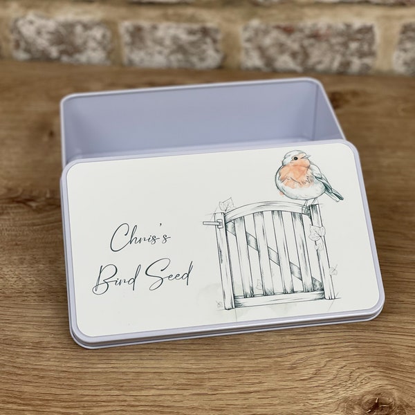 Personalised Robin Sketch Bird Seed Box Tin