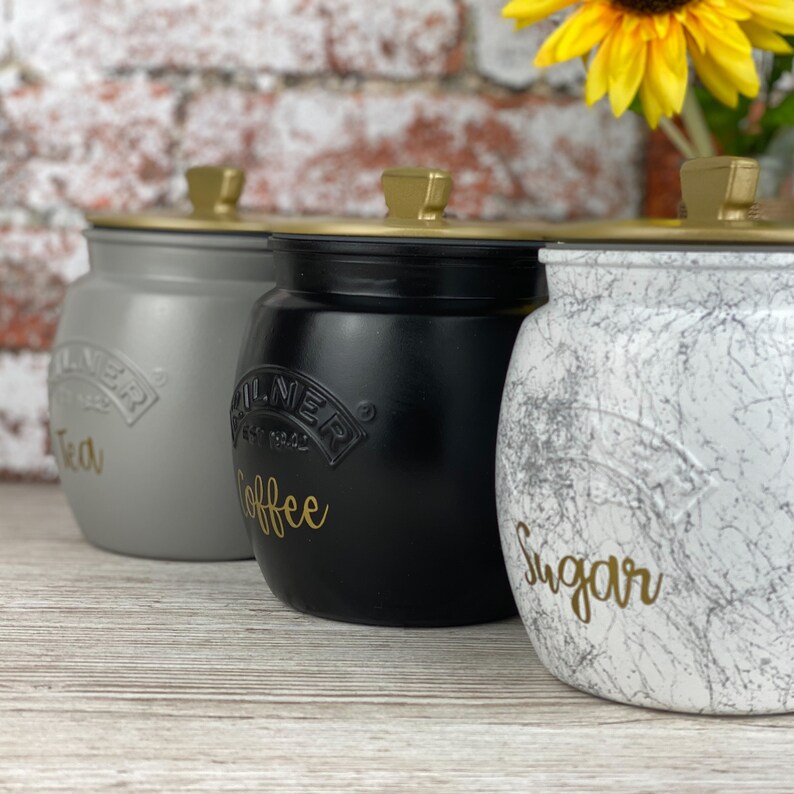 Tea Coffee Sugar Kilner Black Grey Marble Canisters 