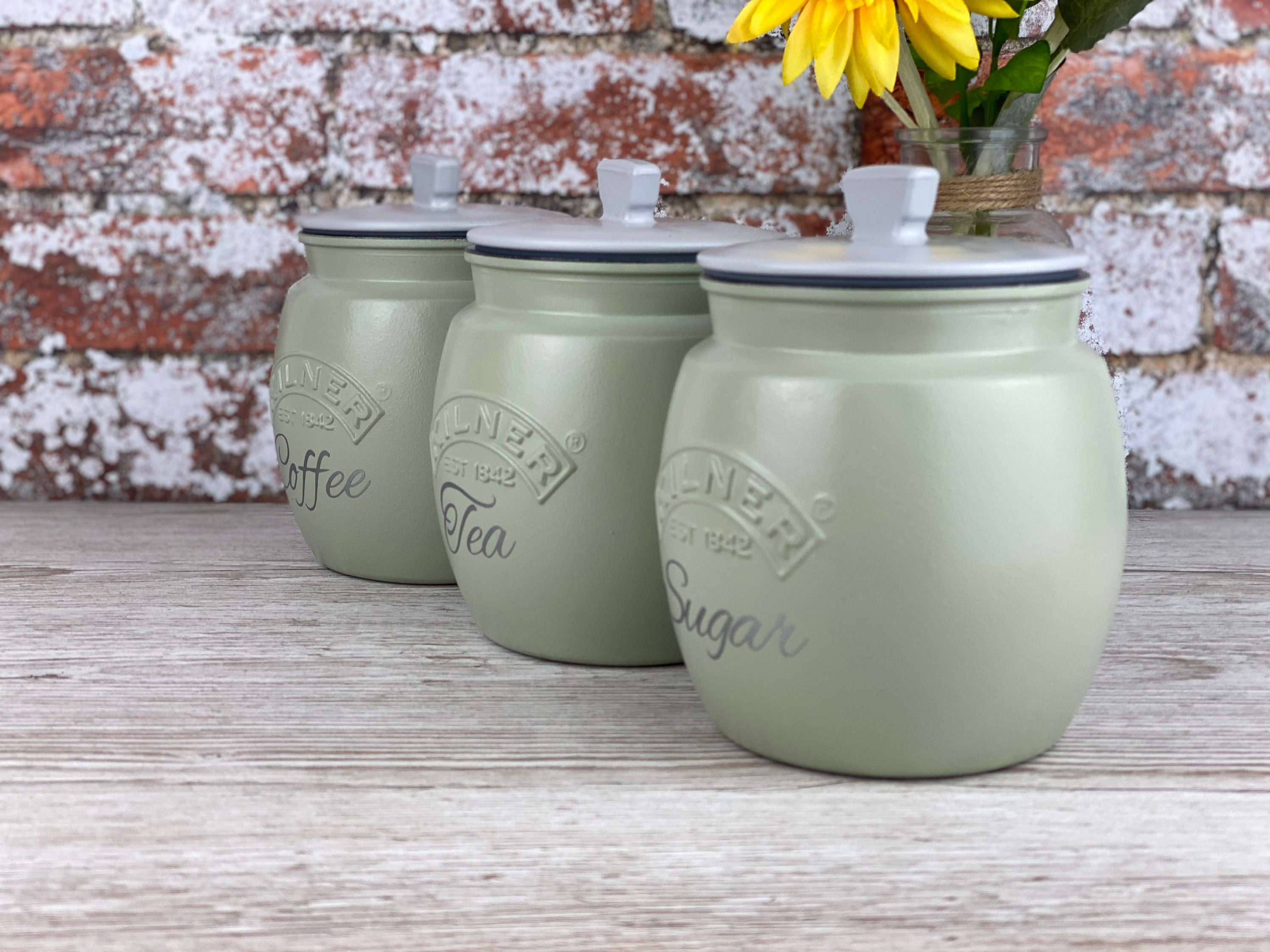Tea Coffee Sugar Sage Green Kilner Retro Painted Canisters Etsy UK