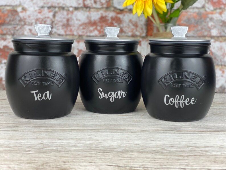 Black Tea Coffee Sugar Canisters Etsy UK