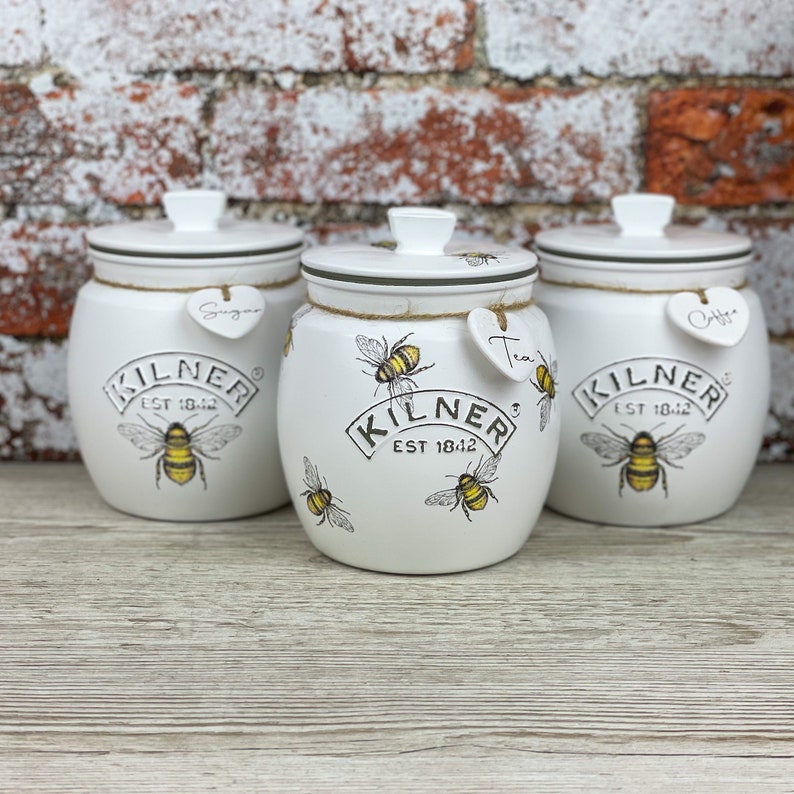 Kilner Tea Sugar Coffee Happy Bees White Canisters 