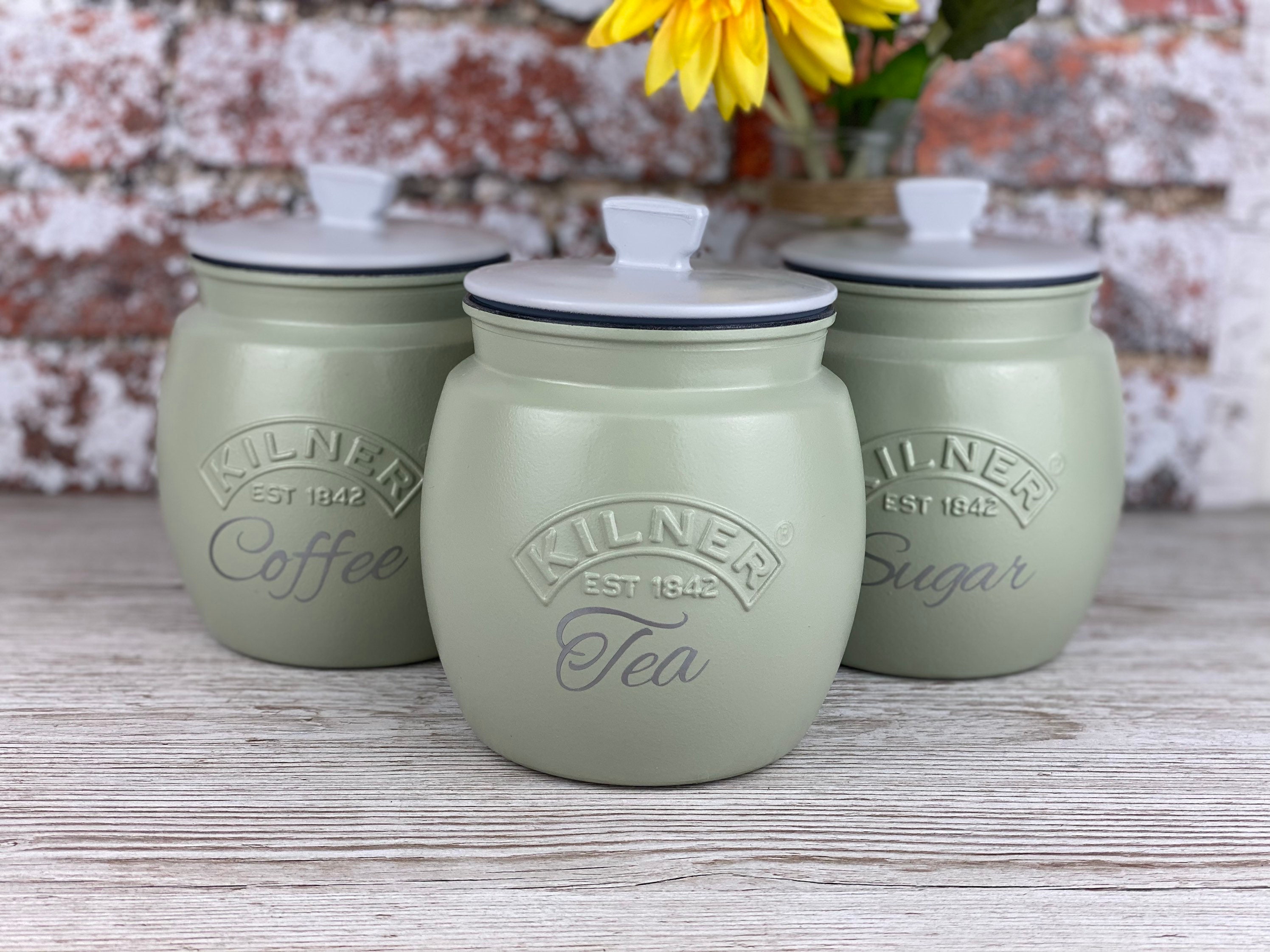 Tea Coffee Sugar Sage Green Kilner Retro Painted Canisters Etsy UK
