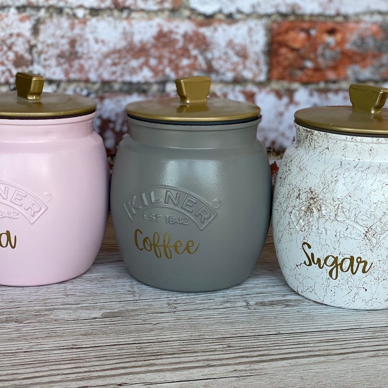 Tea Coffee Sugar Kilner Retro Canisters Pink Mid Grey White Etsy UK