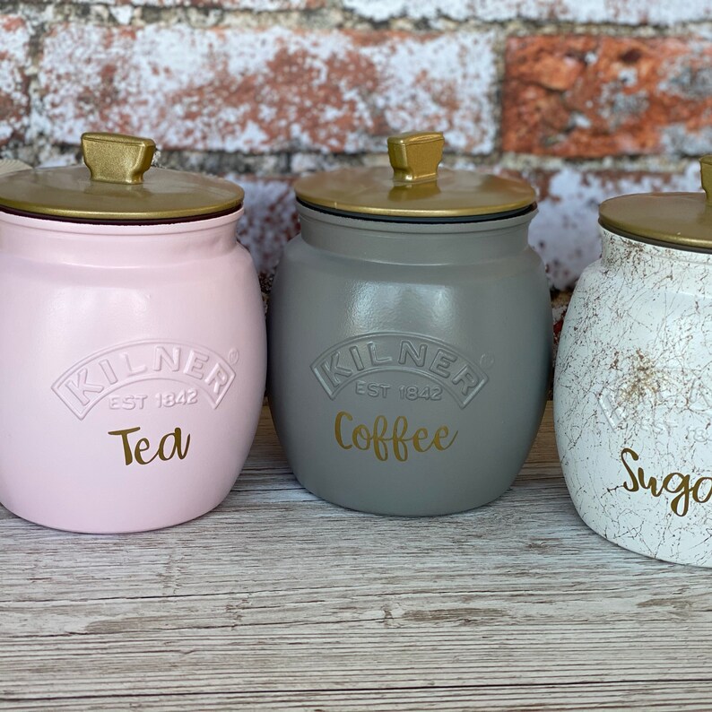 Tea Coffee Sugar Kilner Retro Canisters Pink Mid Grey White Etsy UK