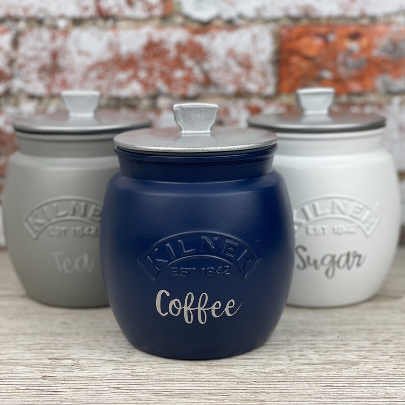 Kilner Tea Coffee Sugar Navy White Grey Canisters 