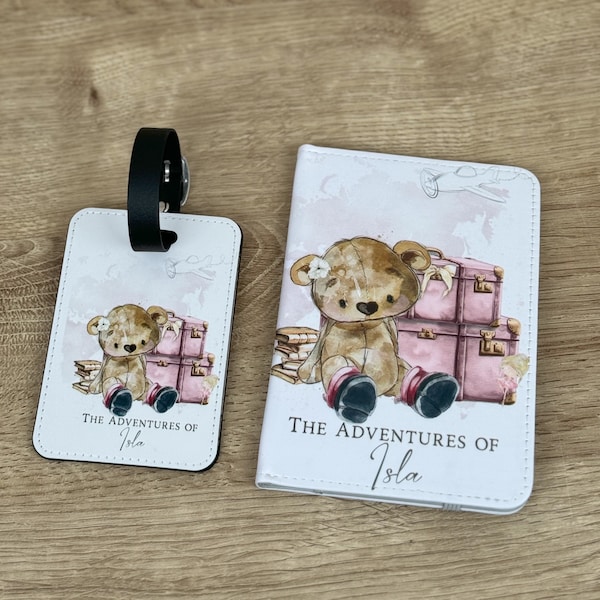 Personalised Passport Cover Pink Teddy Explorer