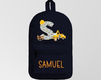 Personalised Kids Rucksack Backpack Construction Digger Truck Theme - Choose a colour