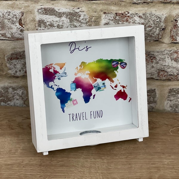 Personalised Shadow Frame Money Bank Box Rainbow Travel Fund