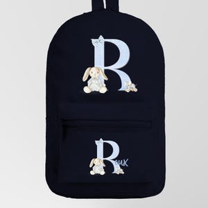 Personalised Kids Rucksack Backpack Blue Nursery Bunny Rabbit Theme - Choose a colour