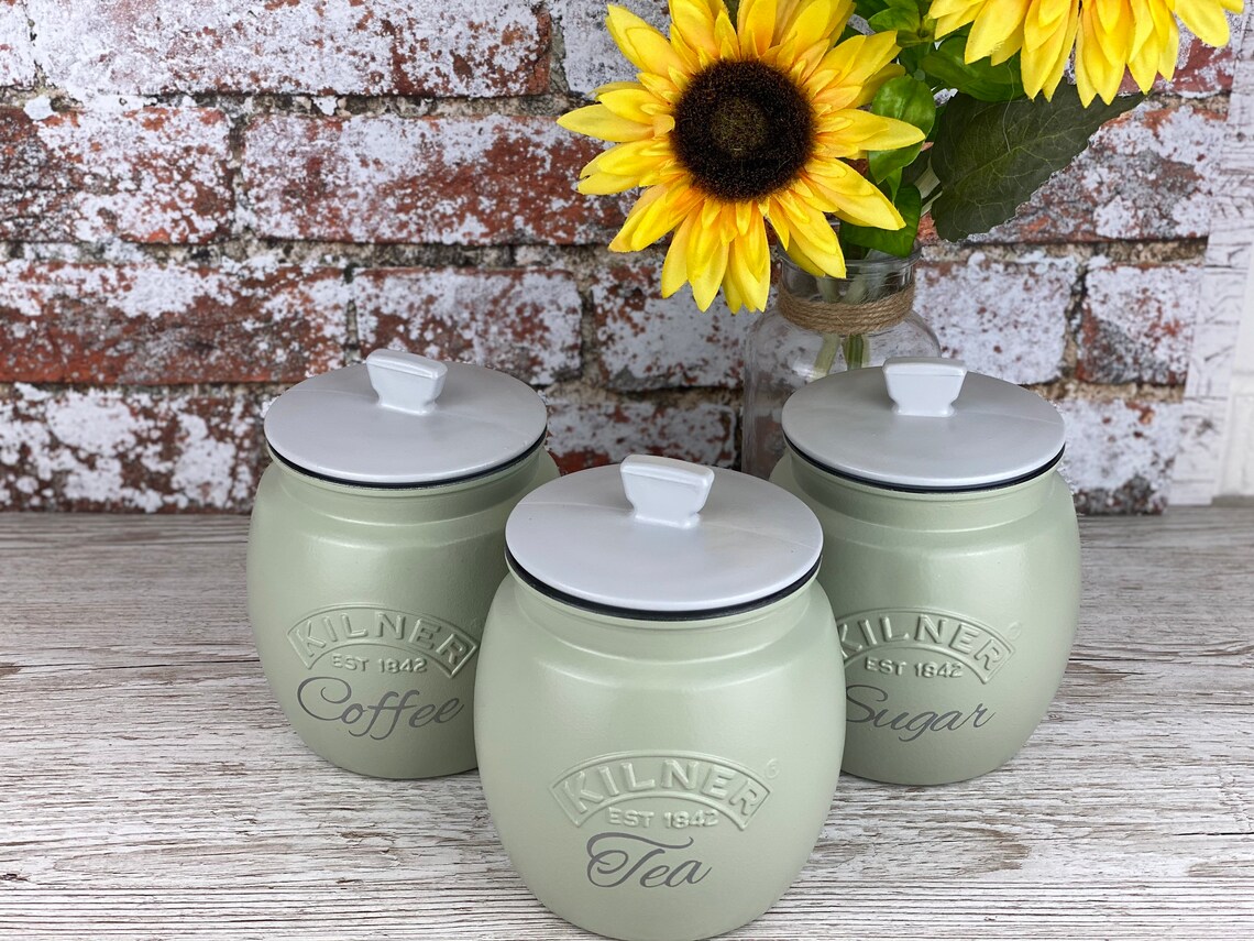 Tea Coffee Sugar Sage Green Kilner Retro Painted Canisters Etsy