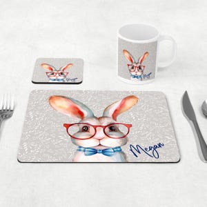 Personalised Rabbit Bunny Glasses Dinner Placemat Coaster Mug