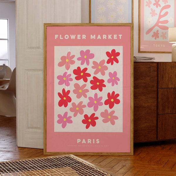 Paris Flower Market Poster | Les Fleurs Print | Roses Pink | Scandinavian Kitchen Wall Art | Danish Aesthetic | Matisse | Eiffel Tower