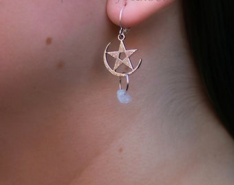 Boho moon star huggie earrings, white quartz dangle bohemian witch grunge goddess wicca fantasy fairy festival pagan moon star earrings