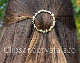 Circle star hair clip, gift for her, boho gold metal barrette pin hair accessory bohemian party wedding celestial fantasy star hair clip