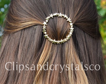 Clip de pelo estrella circular, regalo para ella, pasador de barrette de metal dorado boho accesorio boho fiesta boda celestial fantasía estrella clip de pelo