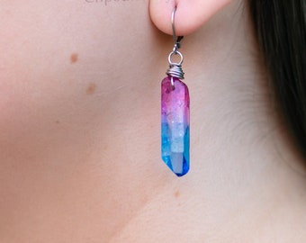 Boho crystal earrings, blue pink huggie dangle bohemian quartz witchy grunge alternative rave fantasy fairy festival crystal earrings
