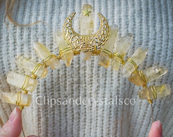 Diadème de lune en cristal d'or, coiffe d'elfe bohème casque de fée bohème couronne de princesse alternative mariage bandeau de bal fantastique diadème de festival