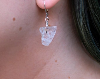 White crystal earrings, quartz dangle boho huggie bohemian witch grunge goddess wicca fantasy dainty fairy white crystal earrings