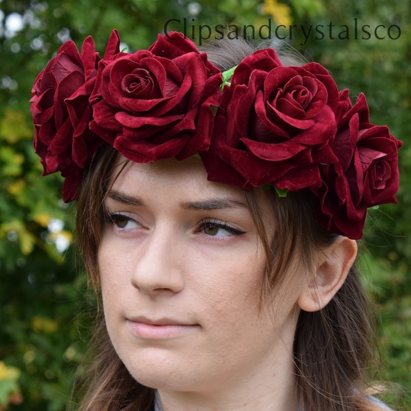 Red rose tiara, flower headdress hair piece boho sugar skull wreath garland headband bohemian festival bridal fairy headpiece red rose crown