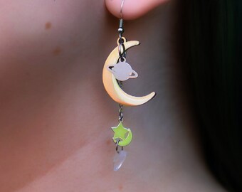 Silver moon dangle earrings, celestial unique quartz witch space theme fantasy geek chic sci-fi galaxy fantasy cosmos crystal moon earrings