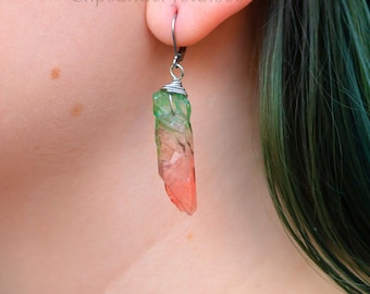 Boho crystal huggie earrings, green red dangle bohemian quartz witchy grunge fantasy fairy festival neon rave disco crystal earrings
