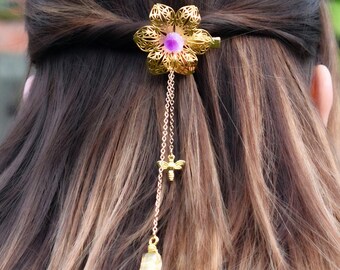 Gold flower crystal hair clip, wedding prom bee dangle accessory bohemian fairy fantasy boho dainty floral crystal flower hair clip