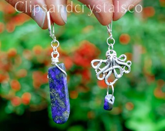 Fantasy bohemian sea earrings, alternative witch blue whimsical spooky crystal mermaid gift beach grunge goth occult dangle octopus earrings