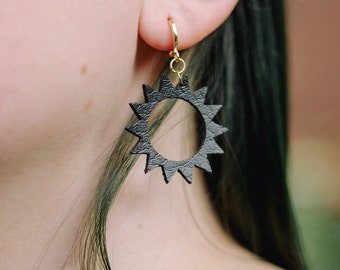 Black sun earrings, celestial witchy dangle boho jewelry gold huggie hoop goth unique punk grunge alternative cute unique sun earrings