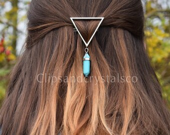 Triangle crystal hair clip, silver hair slide boho geometric minimalist pin accessory dangle wedding prom bohemian quartz crystal hair clip