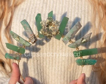 Diadème de fleurs en cristal vert, bandeau de fée de mariage couronne d'elfe d'or festival casque de bal bohème bijoux fantaisie diadème en cristal floral