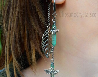 Silver boho crystal ear cuff, fairy witch no piercing earring fantasy bee jewelry grunge goth bohemian woodland green crystal ear wrap cuff