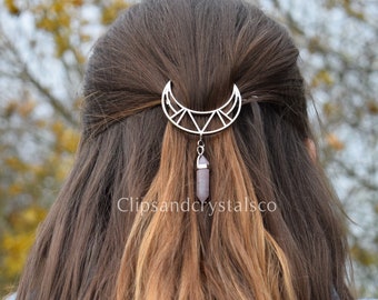 Kristall Mond Haarspange, Geschenk für sie, Boho Quarz Pin Fantasy himmlisch Hochzeit Haarschmuck Boho Fee baumeln Silber Mond Haarspange