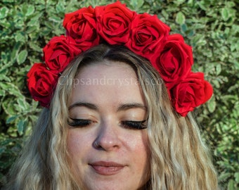 Red flower headband, rose tiara  headpiece bohemian wedding fairy hairband vintage festival party costume prom fantasy cosplay crown