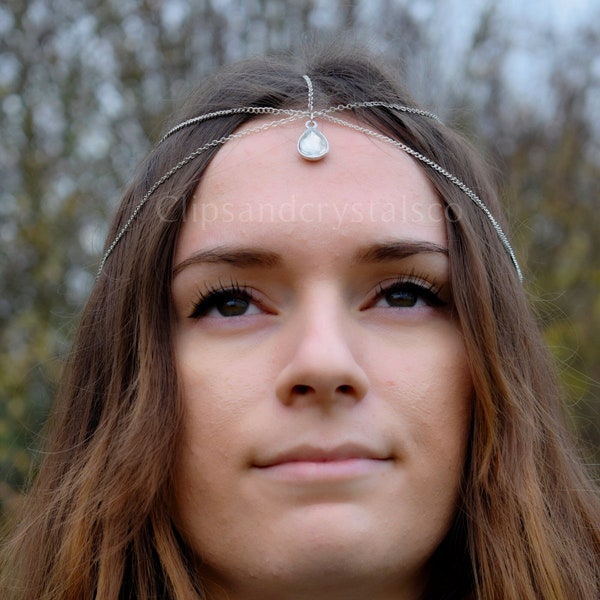 Chaîne de tête en cristal, bijoux de chaîne de cheveux de mariage de mariée de coiffe de bohème scintillant des années 1920 en forme de larme diadème argenté boho coiffure de style vintage