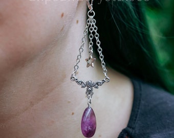 Amethyst crystal witch earrings, gift for her, fantasy grunge silver star goth dangle alternative fairy elf bohemian purple crystal earrings