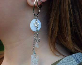 Silver moon star crystal ear cuff, no piercing earring fairy fantasy jewelry celestial bohemian witch quartz crystal dangle ear wrap cuff