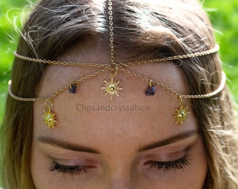 Gold Kristall Kopf Kette, Boho Kopfschmuck Boho Kopfschmuck Braut Festival Fee Haarkette Schmuck gold Sonnengöttin Kristall Diadem