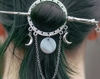 Witchy hair accessory, moon pagan dangle norse hair clip stick vintage medieval circle hair piece goth fairy elf fantasy bohemian hairpin