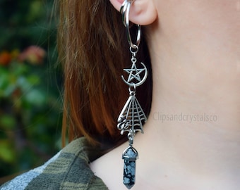 Goth crystal ear cuff, no piercing earring fantasy jewelry occult goth spider halloween creepy spooky witch pagan moon dangle ear wrap cuff