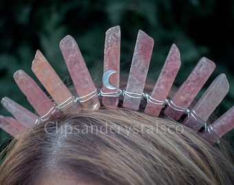 Diadème de cristal rose, sorcière couronne boho coiffure lune bandeau bal quartz alternative mariage bandeau fée casque fantaisie bijoux